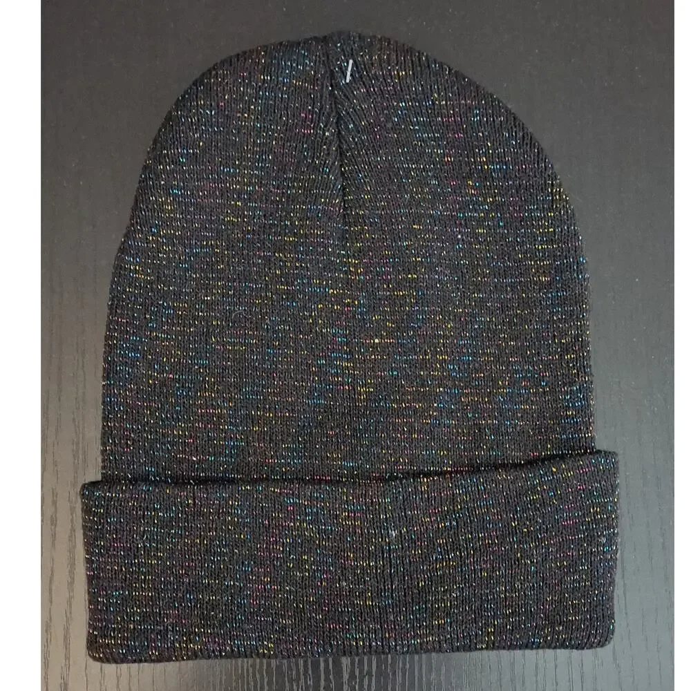 3 Winter Knit Toboggan Beanie Hats Solid Color With Rainbow Sparkle Threads OSFM